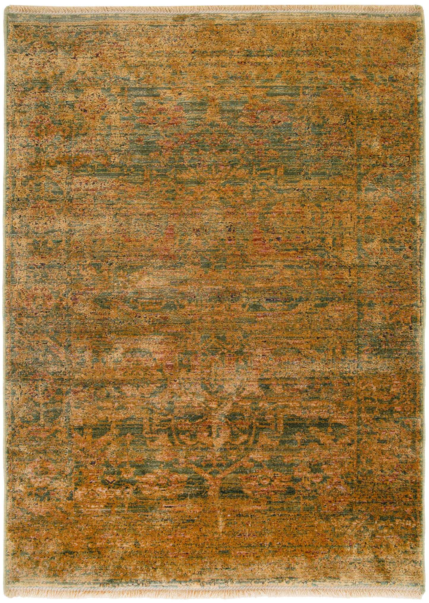 Vintage-style rectangular rug in warm orange and olive with teal accents and a faded intricate pattern, fringe edges.