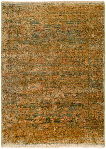 Vintage-style rectangular rug in warm orange and olive with teal accents and a faded intricate pattern, fringe edges.