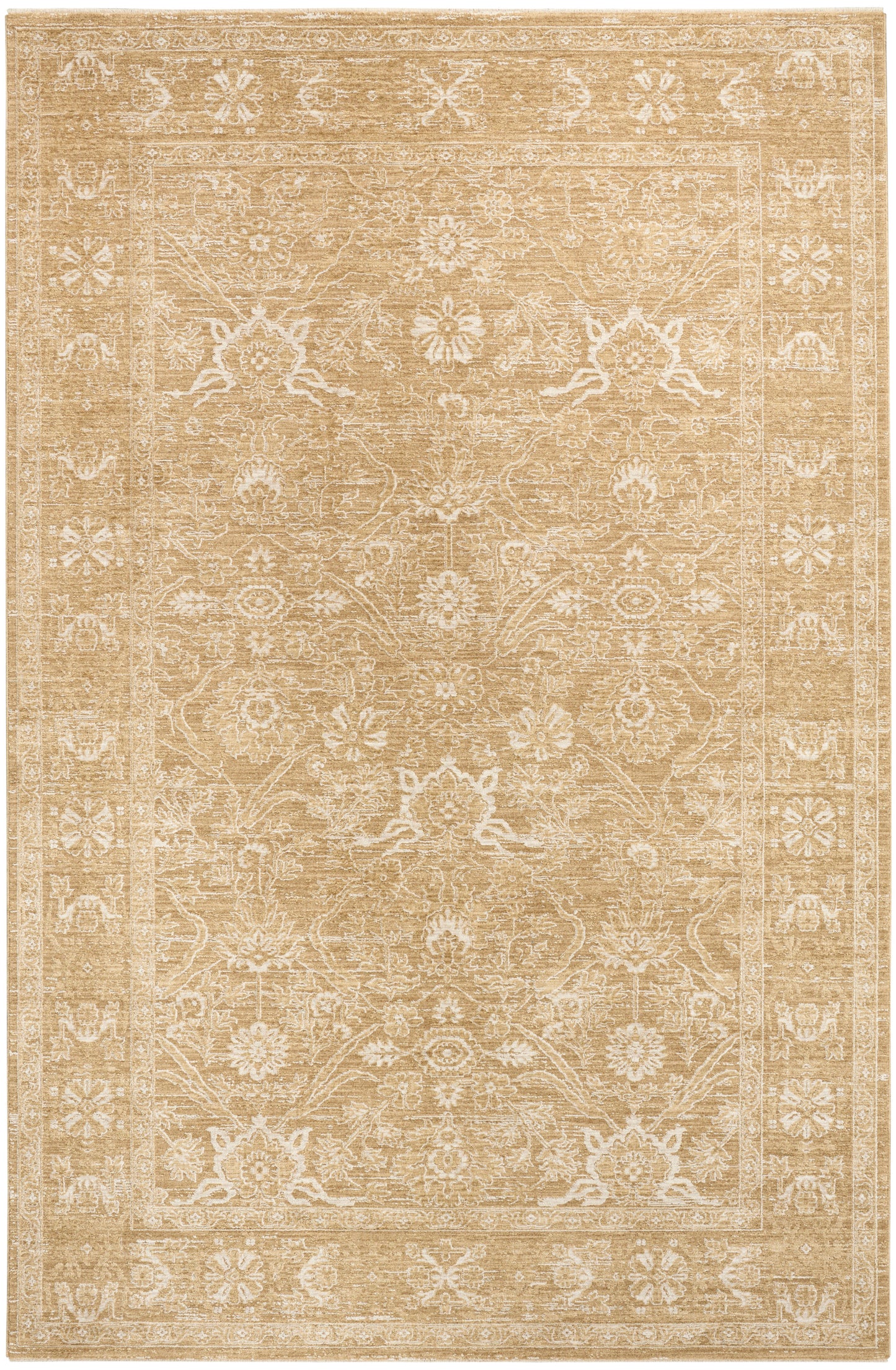 Beige vintage-style oriental rug with ivory floral pattern and decorative border, warm tan background.