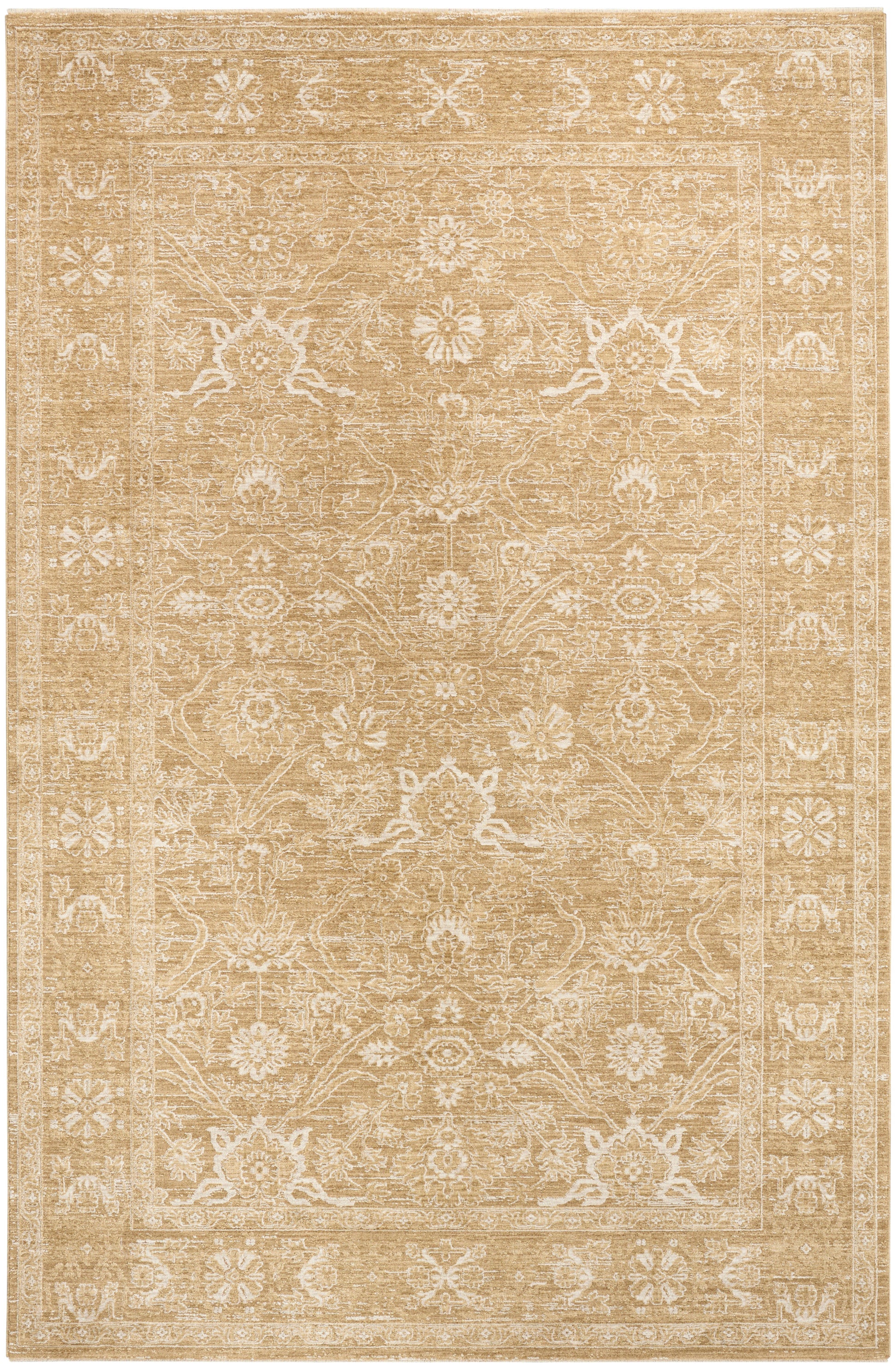 Beige vintage-style oriental rug with ivory floral pattern and decorative border, warm tan background.