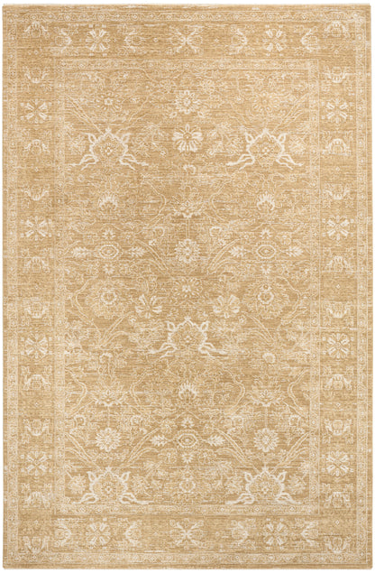 Beige vintage-style oriental rug with ivory floral pattern and decorative border, warm tan background.
