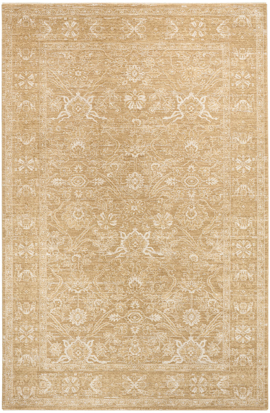 Beige vintage-style oriental rug with ivory floral pattern and decorative border, warm tan background.