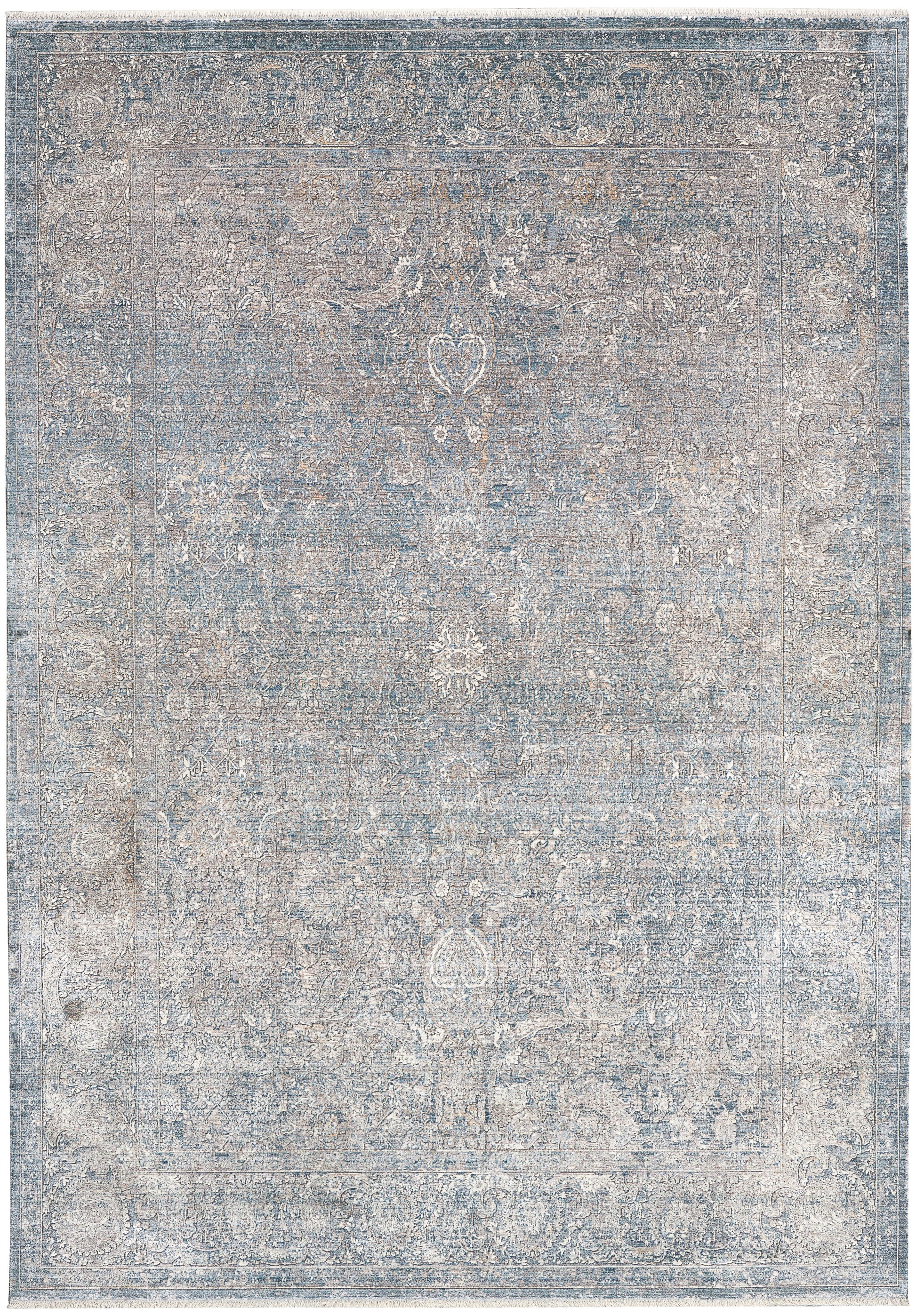 Rectangular distressed blue-gray rug with ivory floral medallions; Persian-inspired ornate border, vintage look.