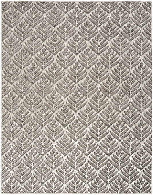 Taupe leafy pattern rug with repeating fern motifs on beige background, textured woven look, modern botanical style.