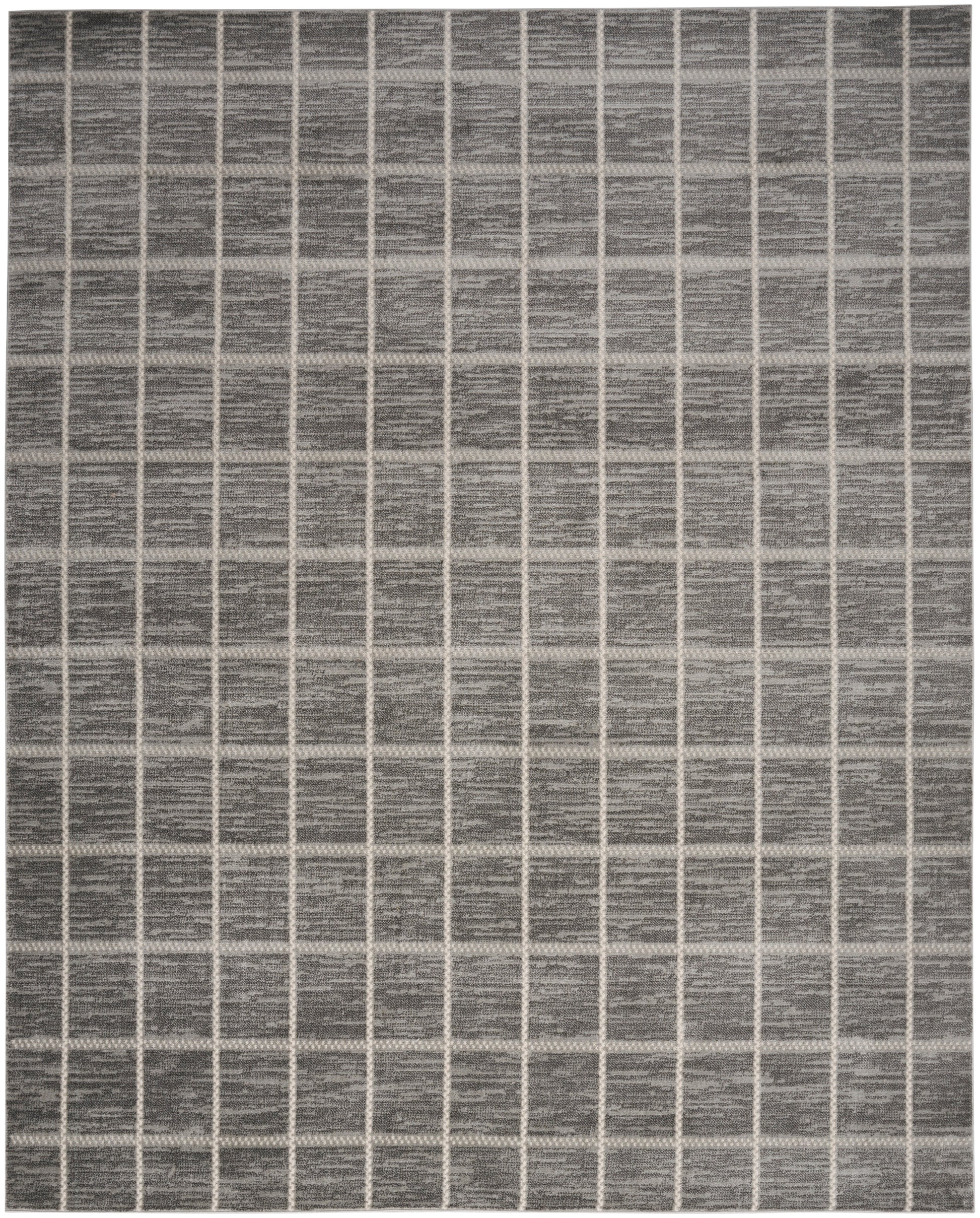 Grey woven area rug with light beige grid forming square pattern; modern geometric style.
