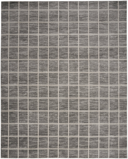 Grey woven area rug with light beige grid forming square pattern; modern geometric style.