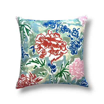20" Blue, Green, Coral & Peach Embroidery: 100% Acrylic, Base: 100% Linen Pillow Cover in Stroheim Pangden 05 Fabric
