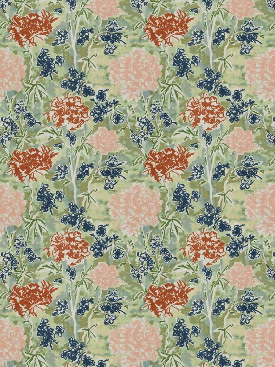 20" Blue, Green, Coral & Peach Embroidery: 100% Acrylic, Base: 100% Linen Pillow Cover in Stroheim Pangden 05 Fabric