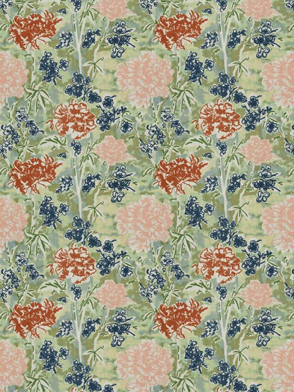 20" Blue, Green, Coral & Peach Embroidery: 100% Acrylic, Base: 100% Linen Pillow Cover in Stroheim Pangden 05 Fabric