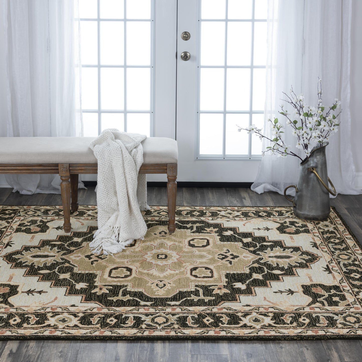 Traditional rug, 5' x 8' on floor with visible pattern.