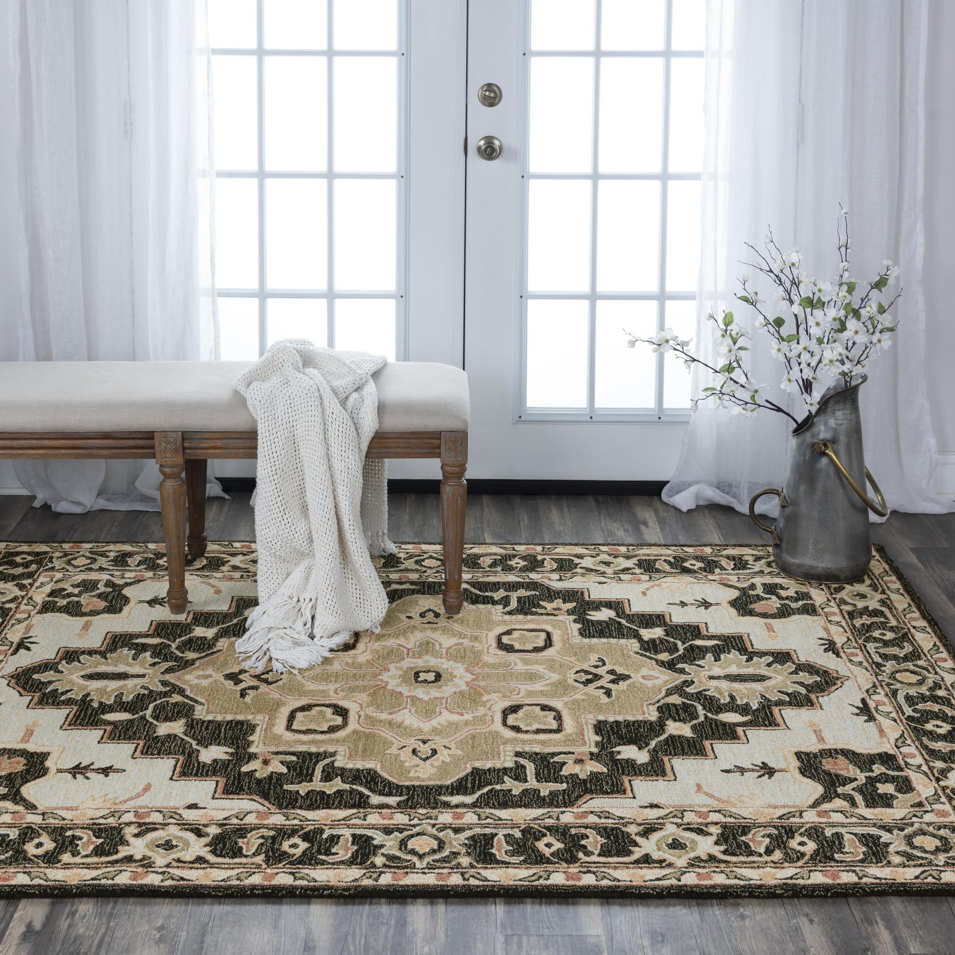 Traditional rug, 5' x 8' on floor with visible pattern.