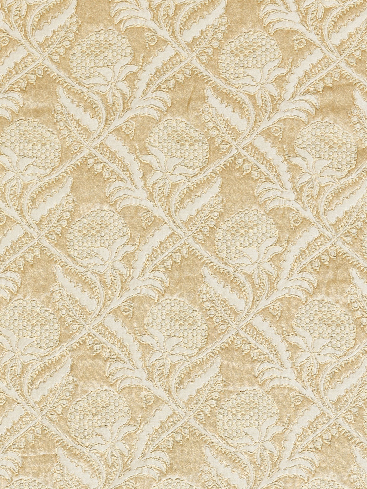 Beige-gold damask textile with raised floral lattice motif in jacquard weave.