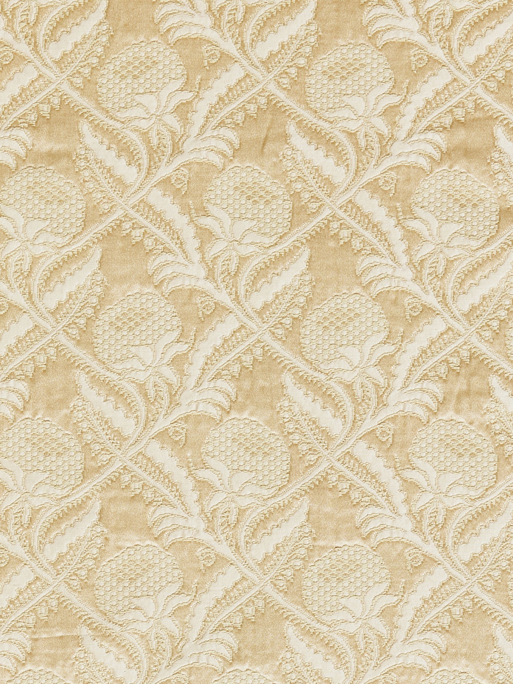 Beige-gold damask textile with raised floral lattice motif in jacquard weave.