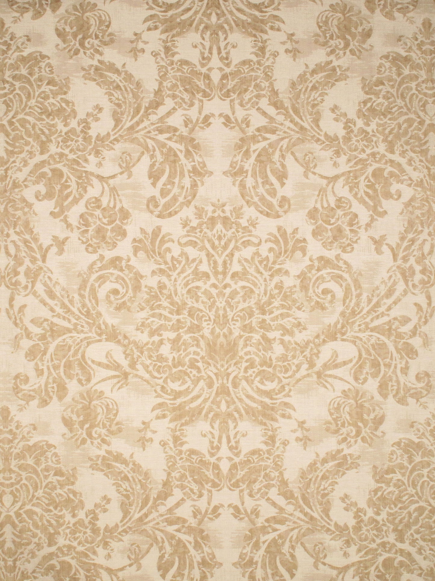 Beige damask wallpaper featuring ornate floral scrollwork in warm tan tones.