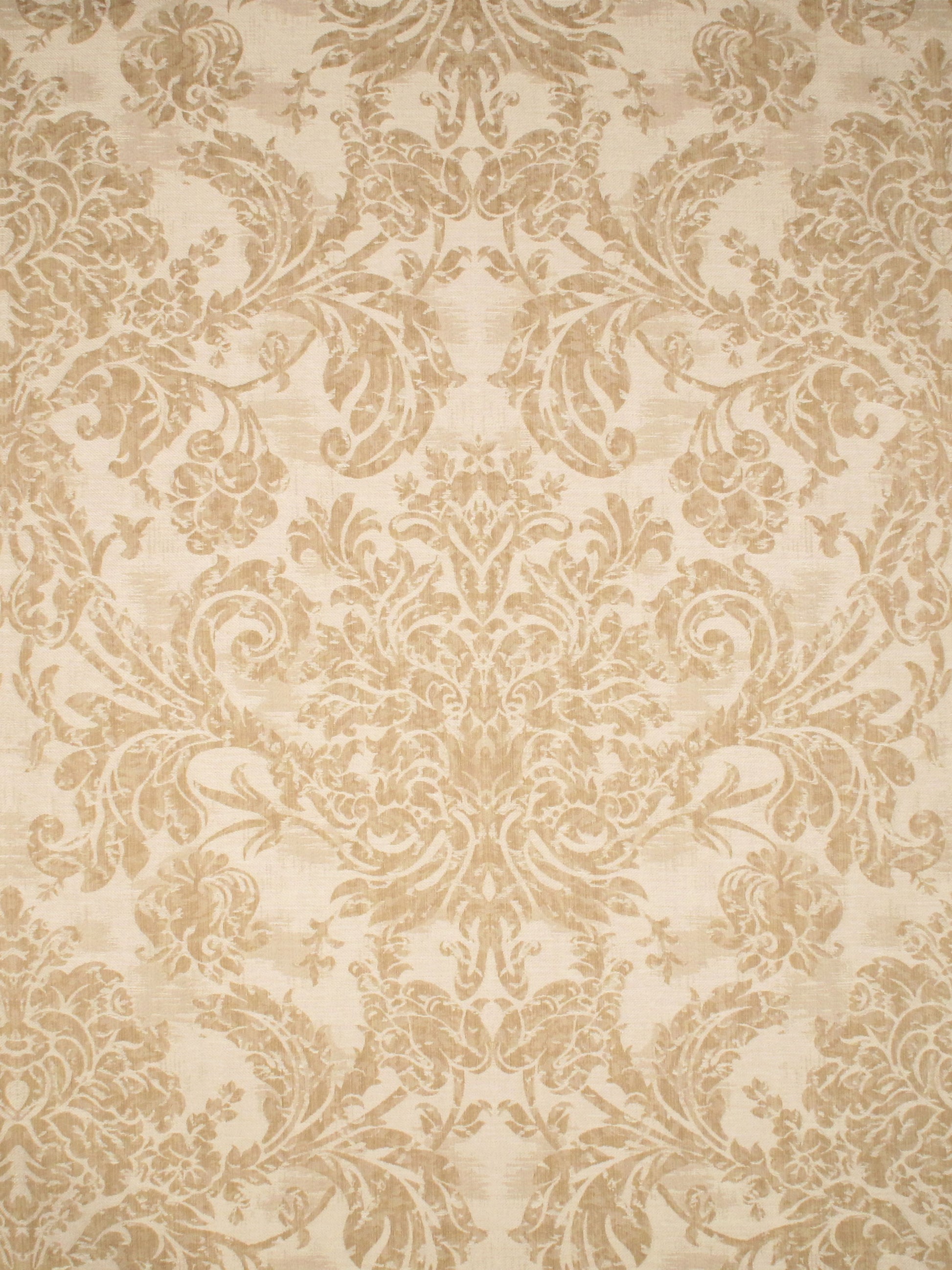 Beige damask wallpaper featuring ornate floral scrollwork in warm tan tones.