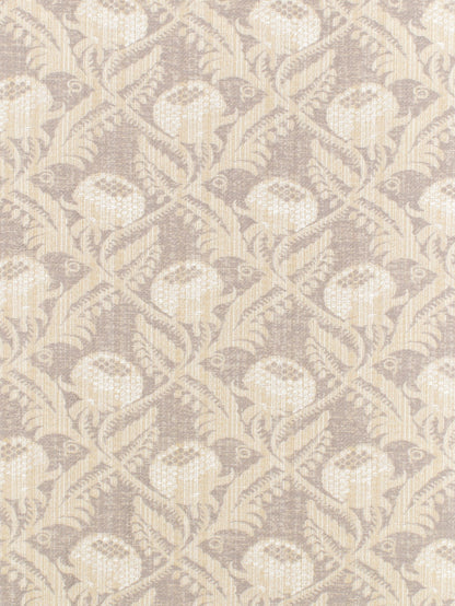 Beige damask floral pattern with cream vines on taupe background; elegant fabric texture.