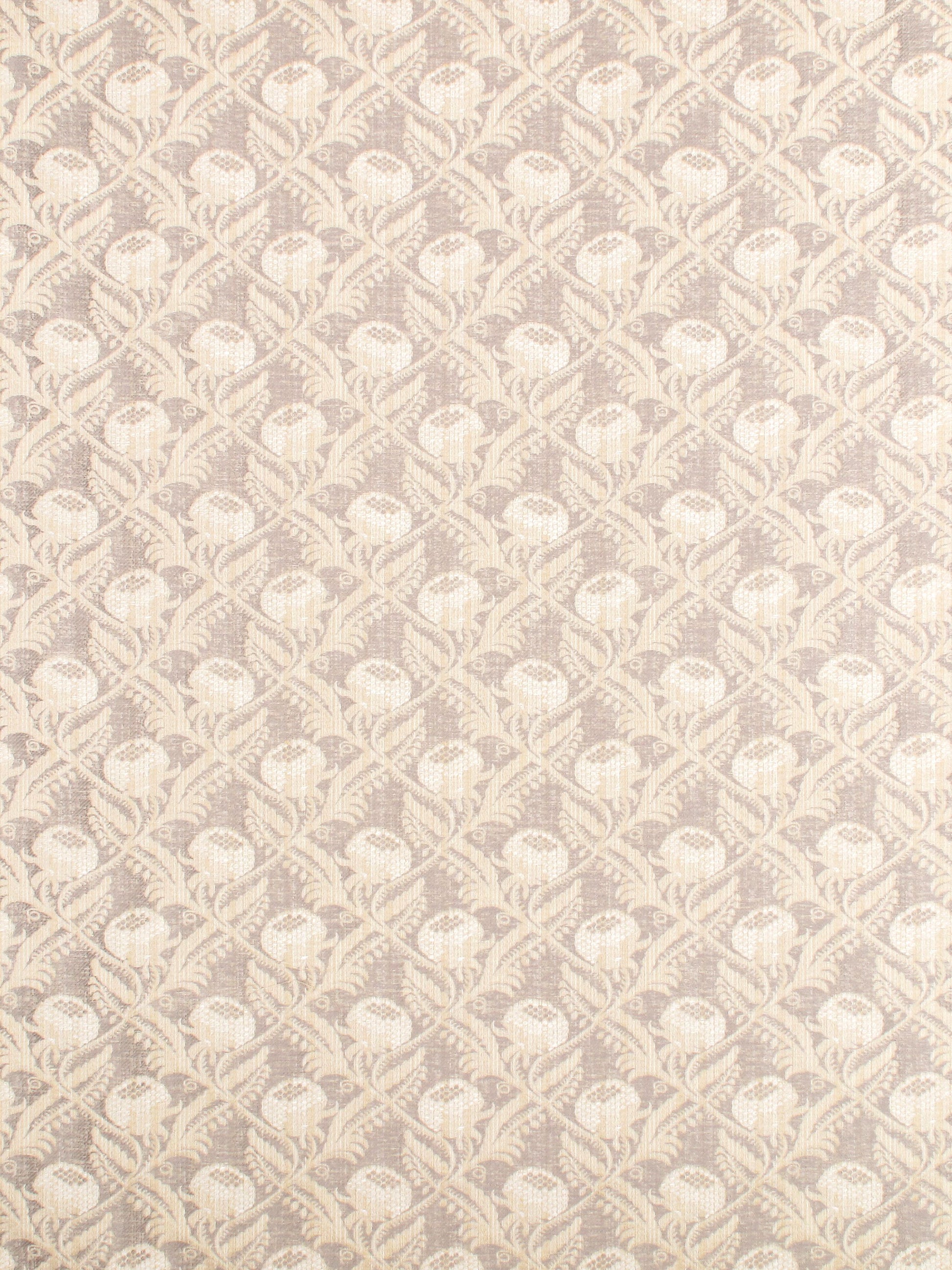 Cream jacquard fabric with beige shell-like motifs in a repeating lattice pattern; woven upholstery/drapery textile.