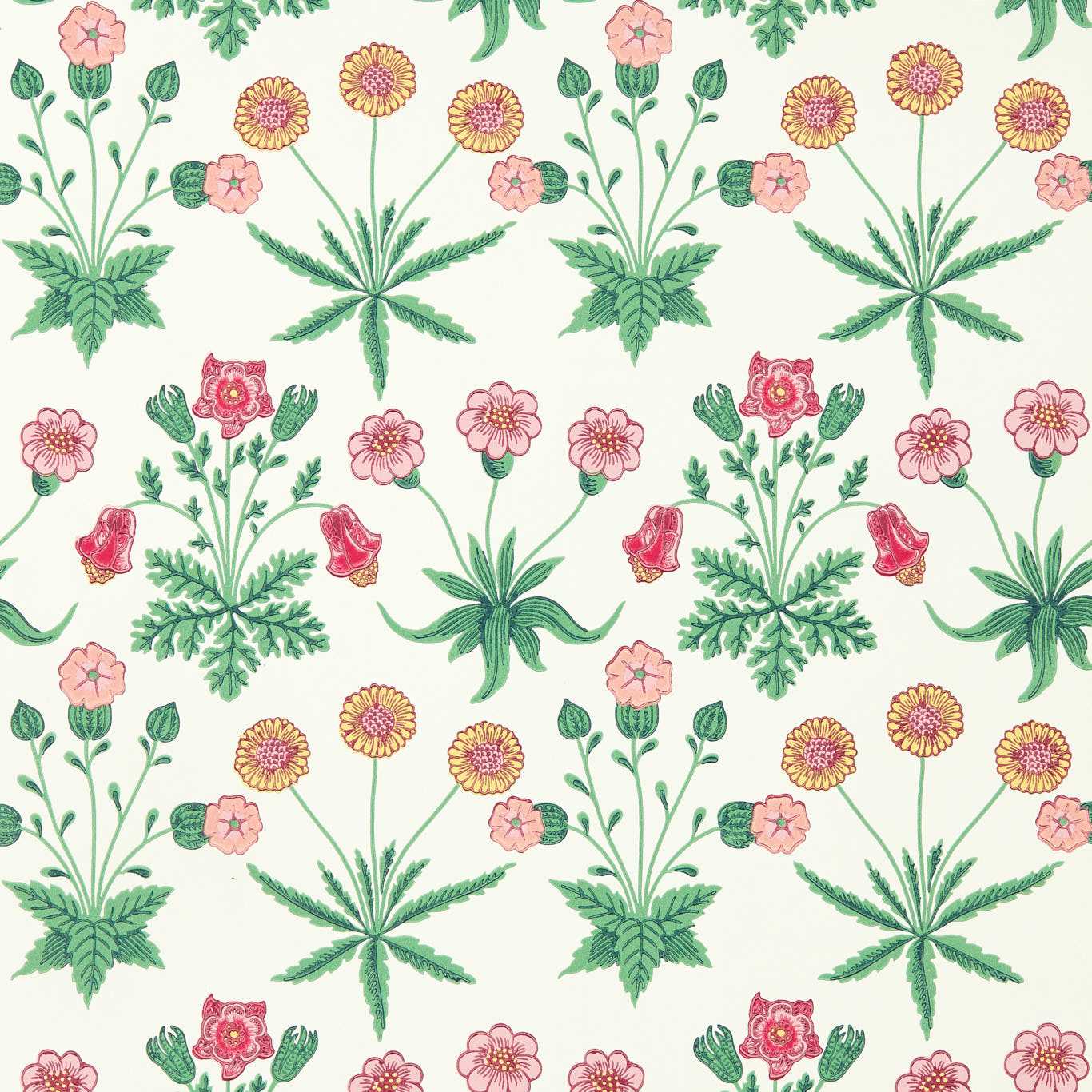 Seamless botanical wallpaper pattern with green foliage and pink/yellow flowers on a cream background.