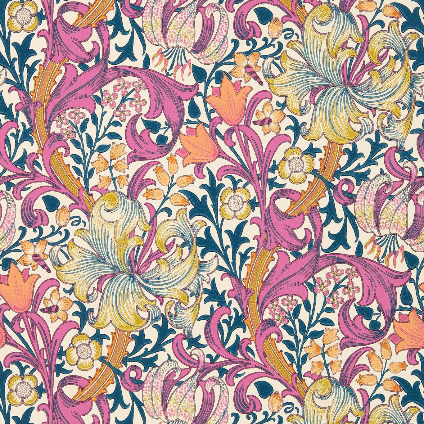 Vibrant floral pattern inspired by wallpaper, featuring pink, yellow and teal blooms with curling vines and leafy accents.