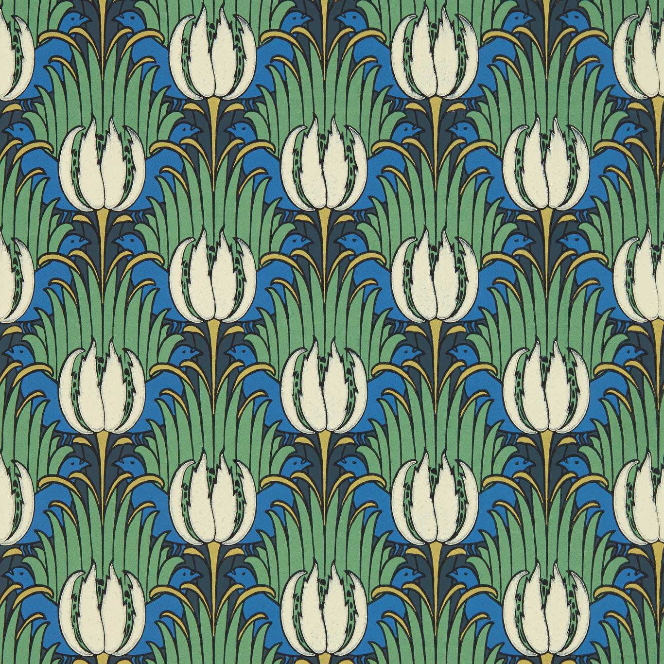MORRIS & CO Tulip & Bird Wallpaper Contemporary, Floral Goblin Green , Raven  Surflex-Printed Wallpaper - AARC510016