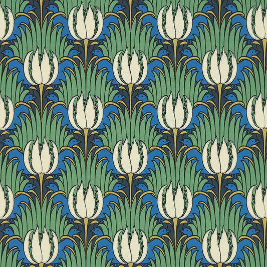 MORRIS & CO Tulip & Bird Wallpaper Contemporary, Floral Goblin Green , Raven  Surflex-Printed Wallpaper - AARC510016