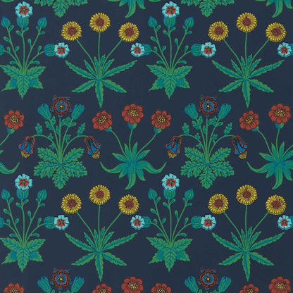 Floral wallpaper pattern with teal leaves and red, blue, yellow flowers on a navy background; vintage botanical.