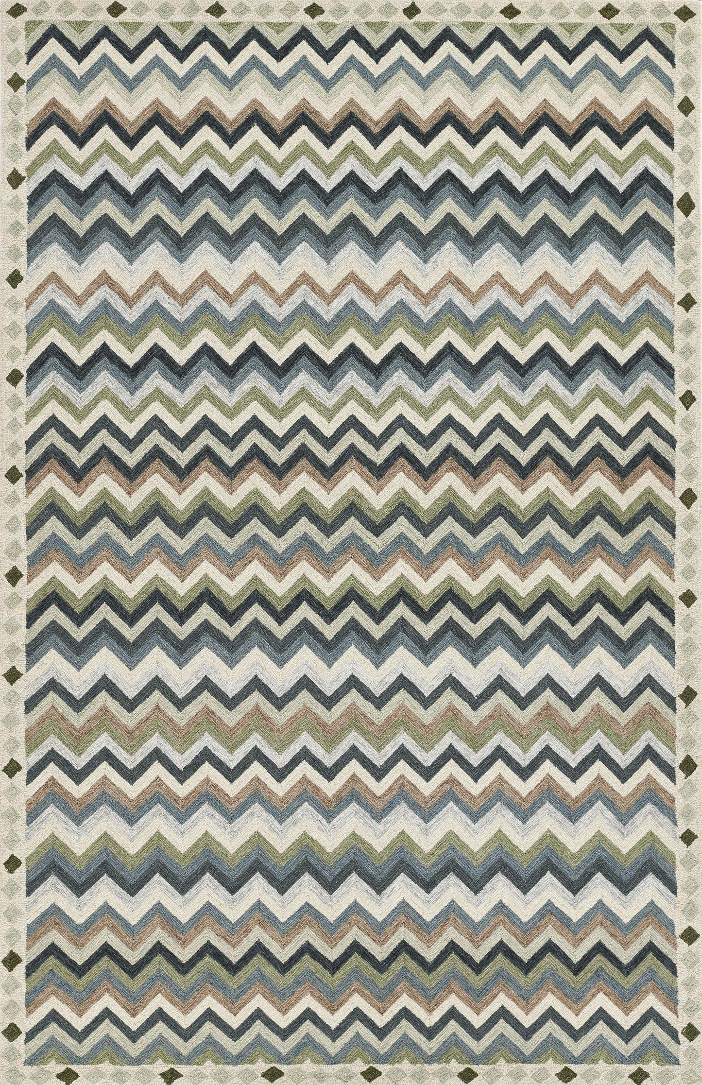 Rectangular chevron-striped area rug in blue, beige and gray tones with a decorative diamond border.