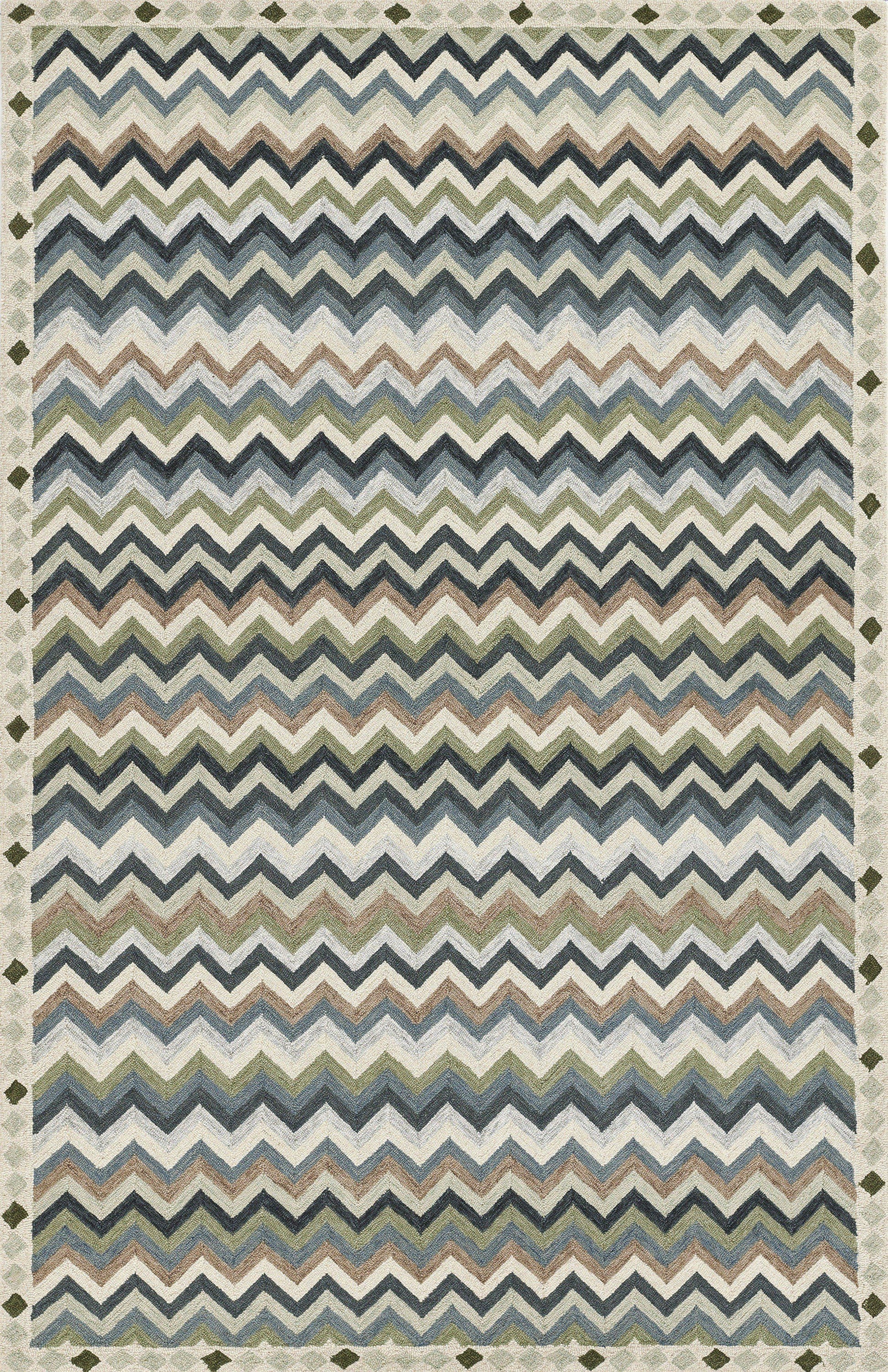 Rectangular chevron-striped area rug in blue, beige and gray tones with a decorative diamond border.