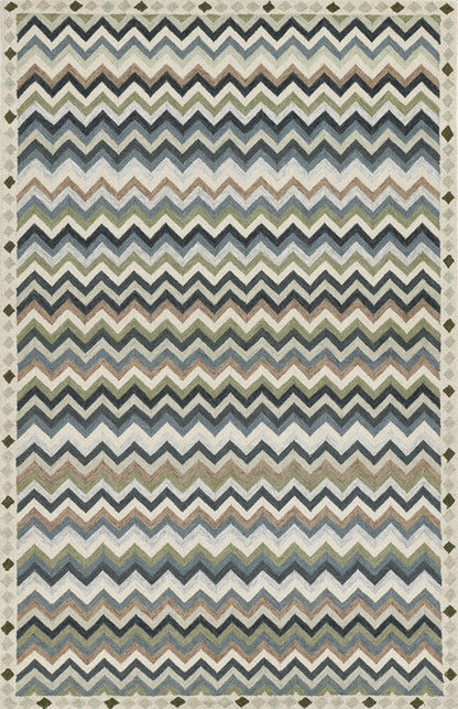 Rectangular chevron-striped area rug in blue, beige and gray tones with a decorative diamond border.