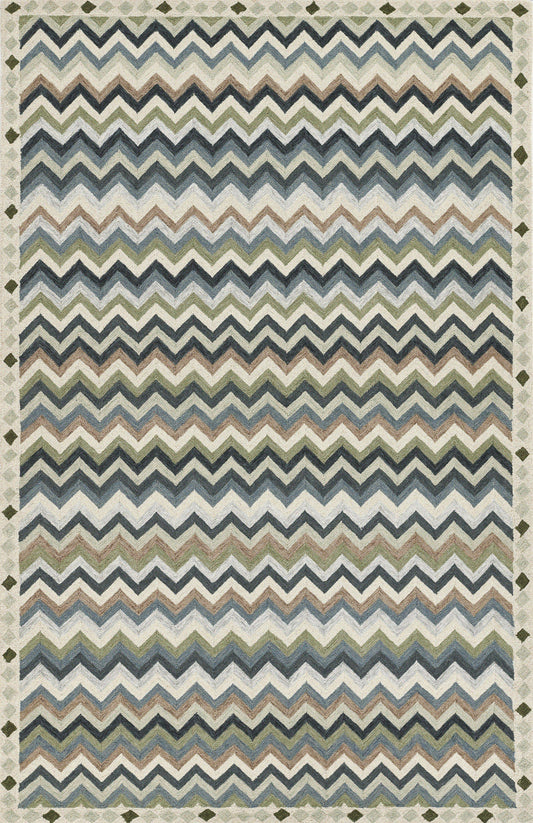 Multicolor chevron rug with blue, green and beige zigzag stripes and a diamond-edged border; dimensions 3'6" x 5'6".