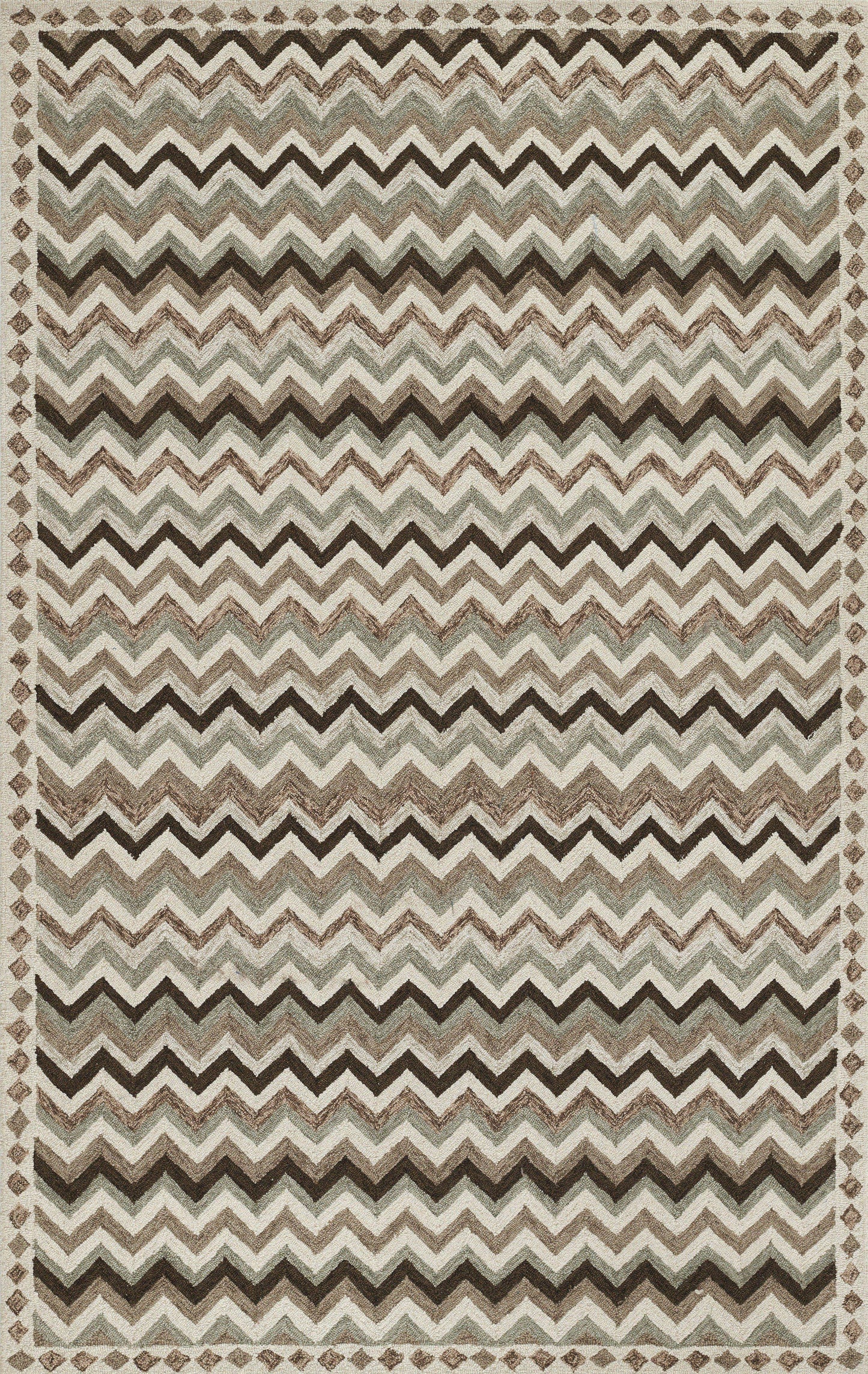 Chevron zigzag rug in neutral browns, beiges and grays with a diamond-bordered edge.