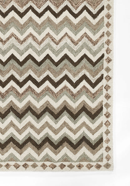 Chevron zigzag rug in beige, brown, and sage with a diamond border; rectangular area rug.