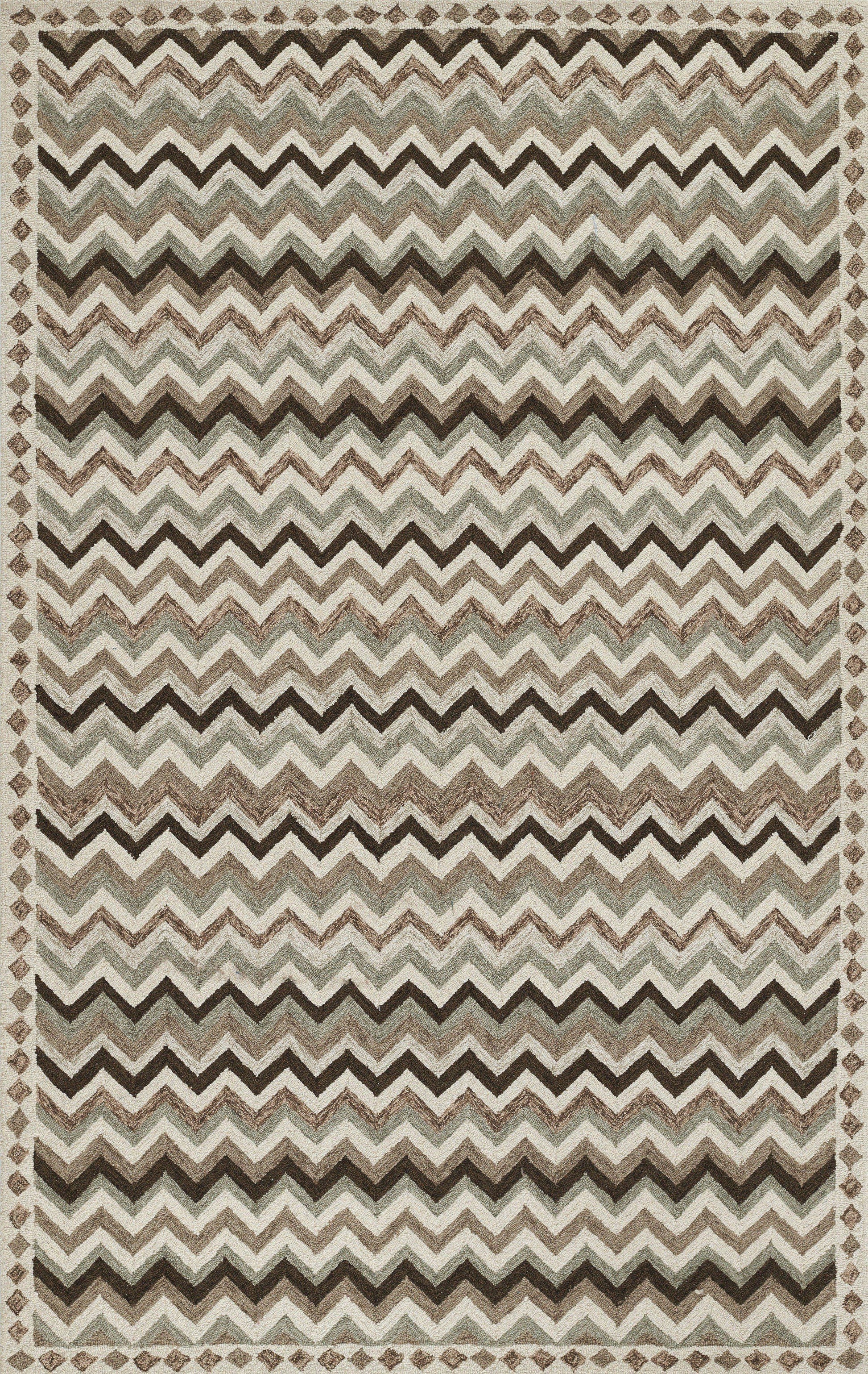 Chevron-pattern rug in beige, taupe and brown with sage accents and a border of small diamonds.