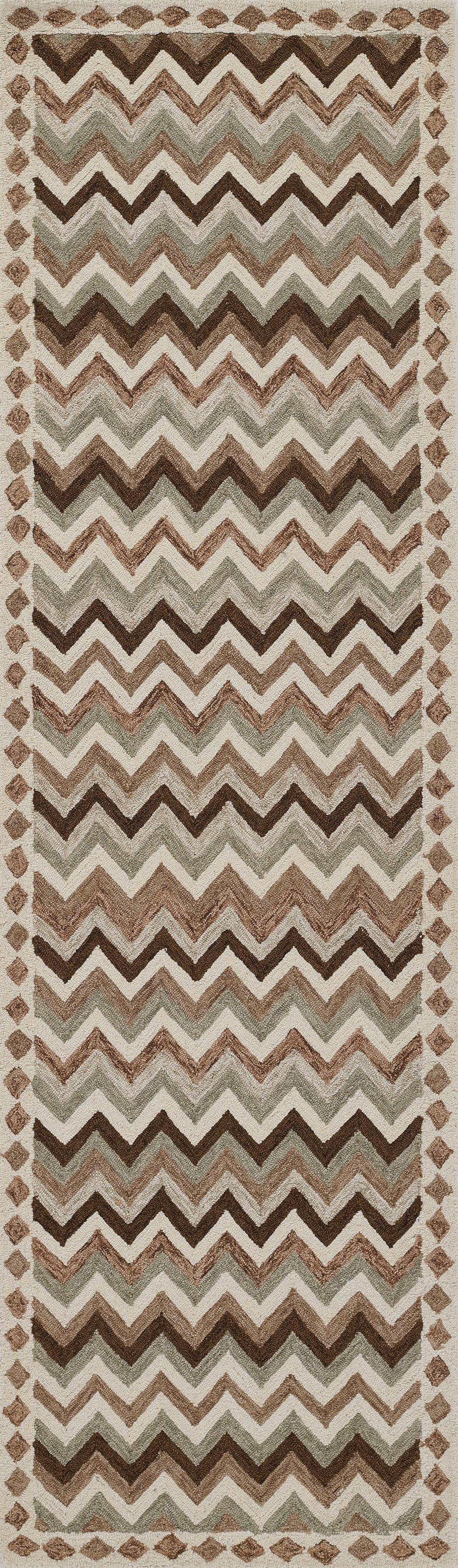 Rectangular rug with brown, beige, and taupe chevron zigzags and a diamond border; rustic southwestern-style.