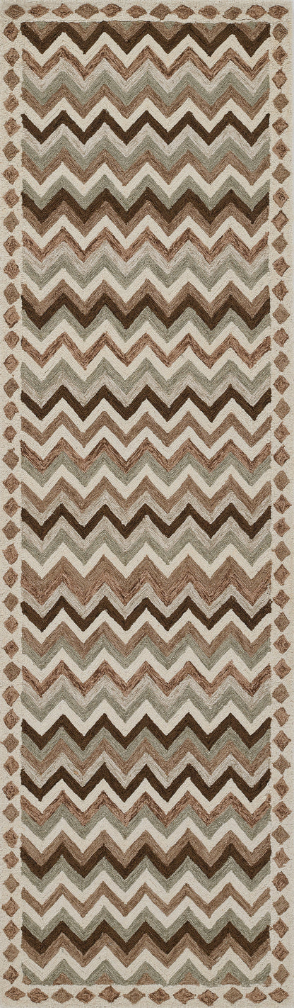 Long rectangular rug with earthy chevron zigzags in browns, beiges, and grays, bordered by a diamond-pattern frame.