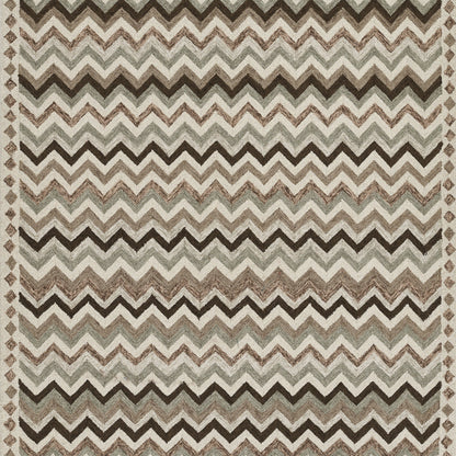 Rectangular woven rug with beige, tan, ivory & brown chevron zigzag pattern; distressed look, cozy, versatile decor.