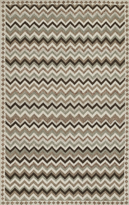 Chevron zigzag rug in brown, beige, and ivory tones with a geometric border; boho Southwestern style, area-ready.