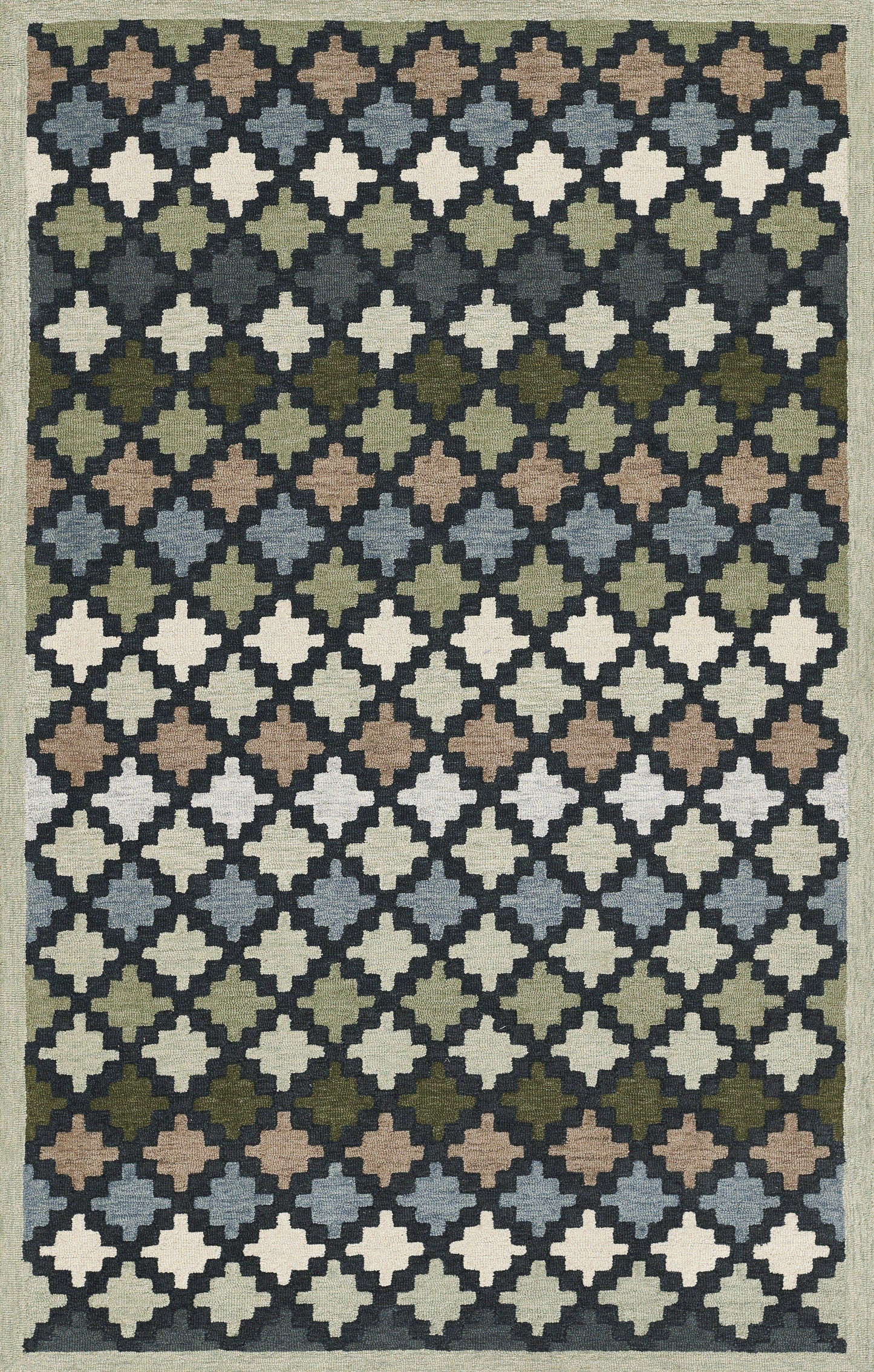 Rectangular rug featuring repeating quatrefoil motifs in navy, blue-gray, cream, olive and taupe on a muted green.