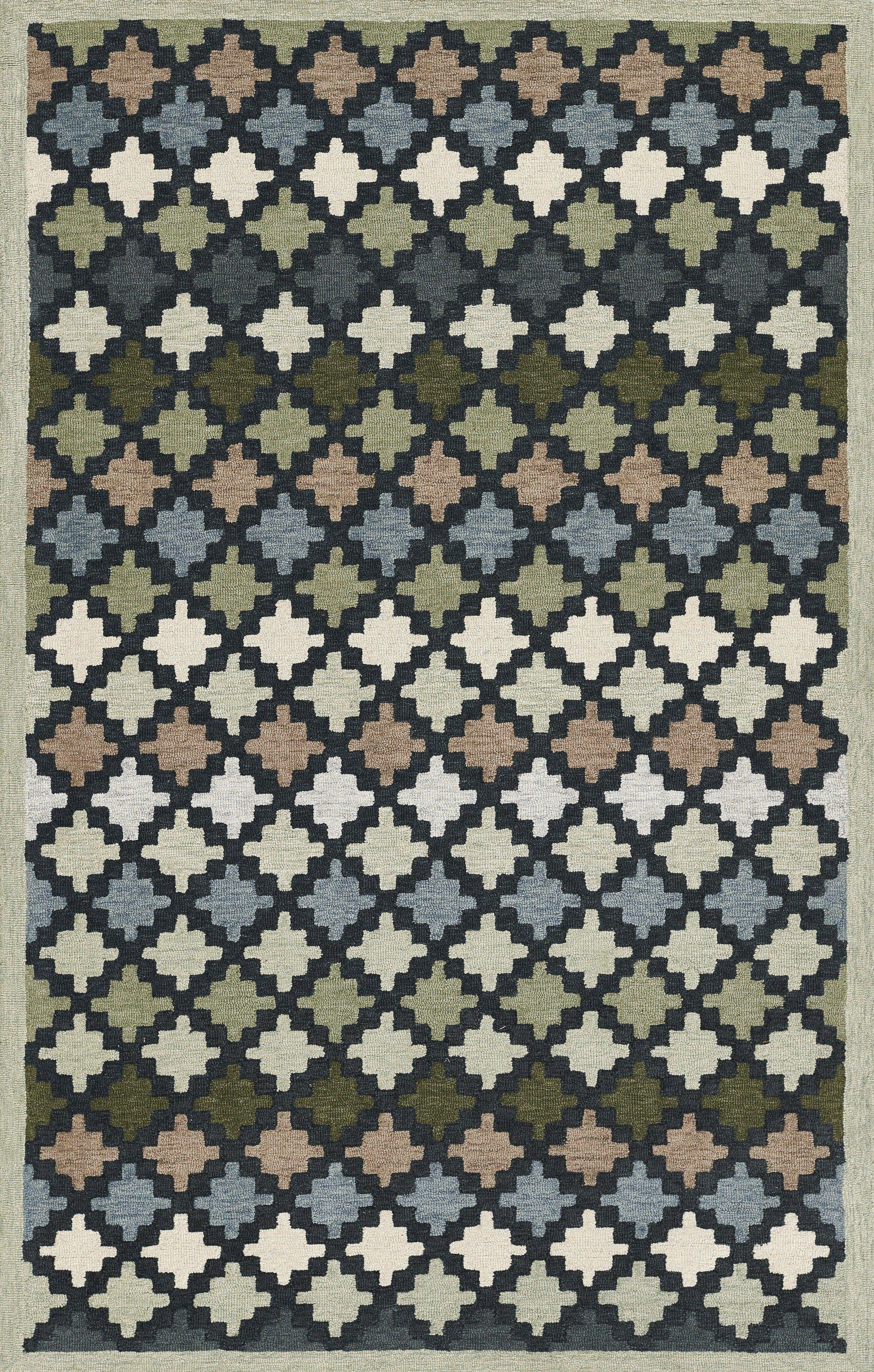 Rectangular rug featuring repeating quatrefoil motifs in navy, blue-gray, cream, olive and taupe on a muted green.
