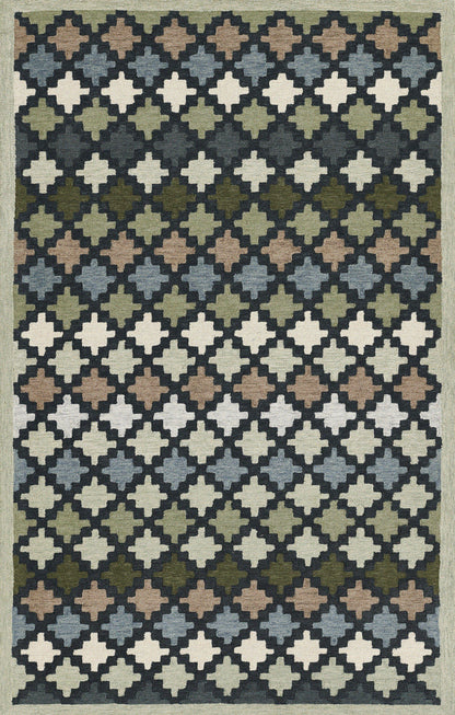 Rectangular rug featuring repeating quatrefoil motifs in navy, blue-gray, cream, olive and taupe on a muted green.