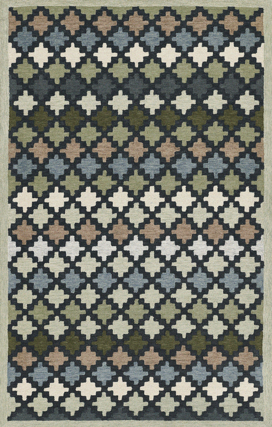 Rectangular rug with a geometric cross/quatrefoil lattice in navy, cream, sage, taupe, and dusty blue.