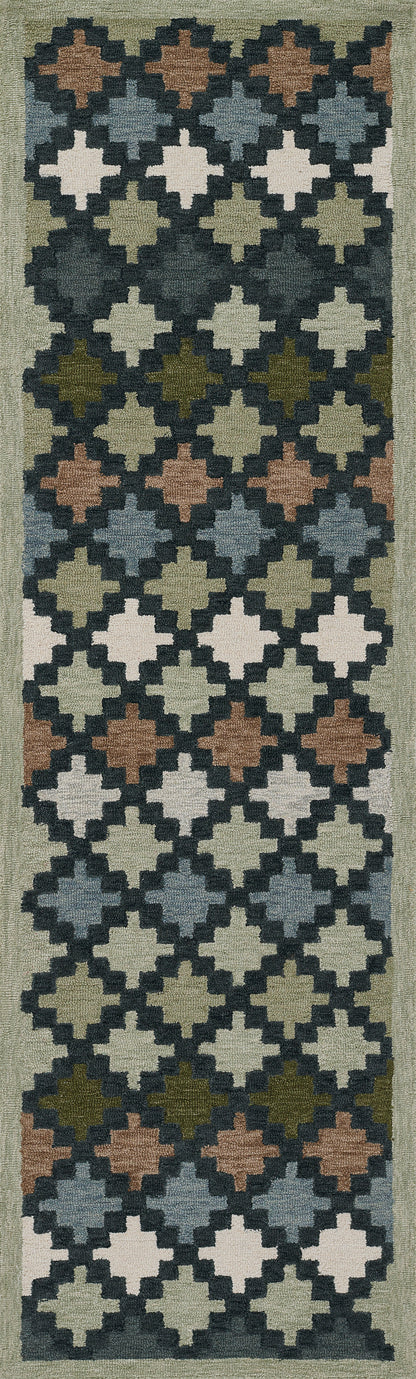 Long narrow runner rug with repeating quatrefoil blocks in blues, creams, olive, tan, and brown on a dark background.