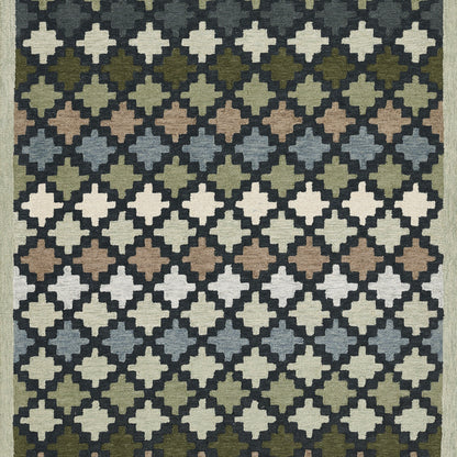 Woven rug with a diamond lattice of cross-like quatrefoil motifs in a gradient of blues, greens, browns and creams.