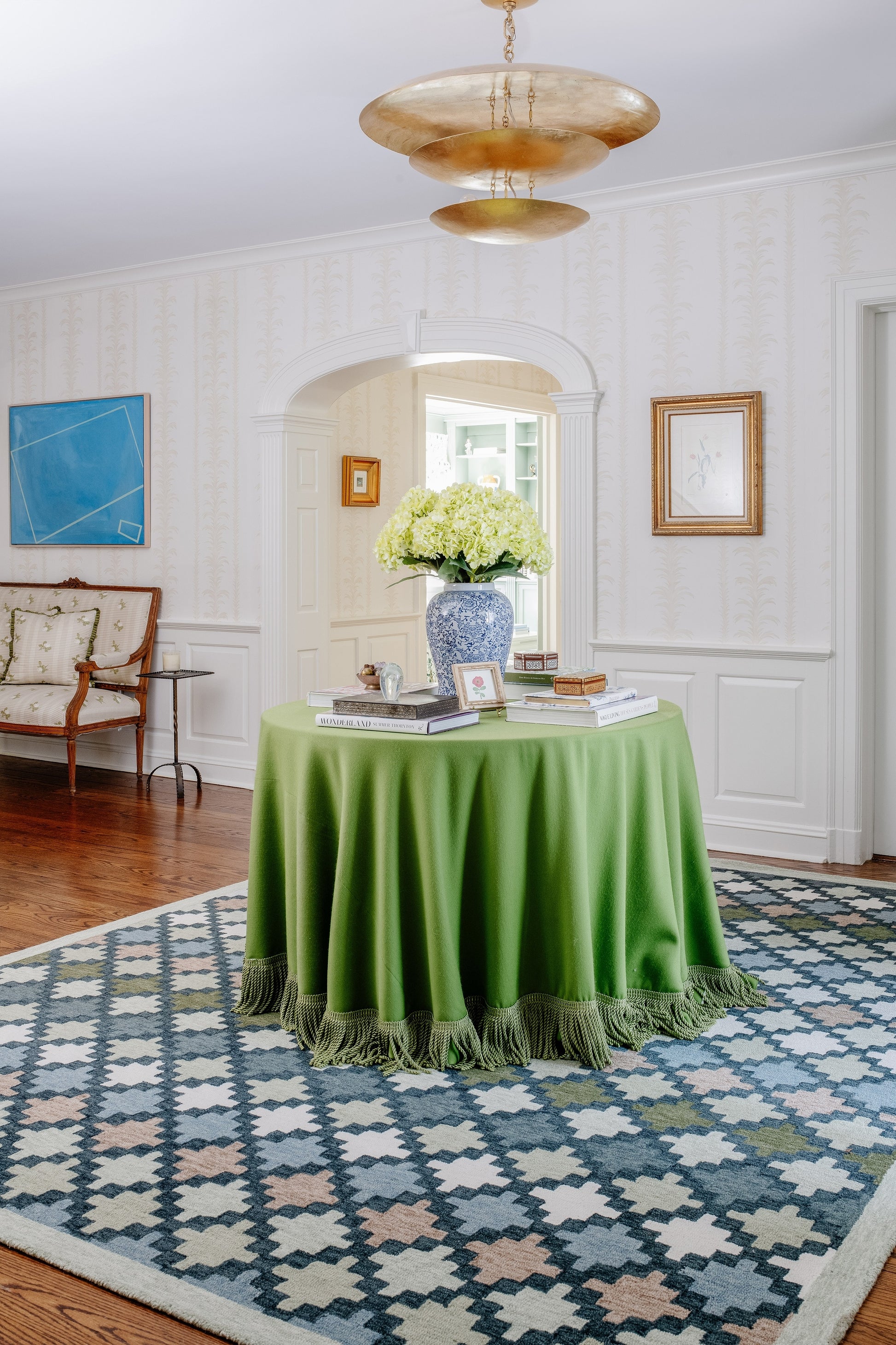 Blue Diamond Trellis rug, 2' x 3', laid flat.