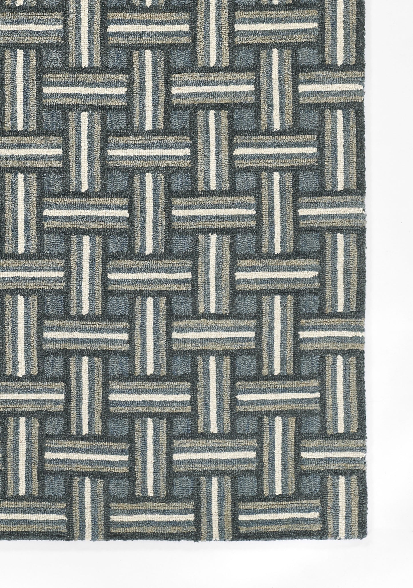 Blue-gray basketweave rug runner with interlaced stripes in a woven square pattern