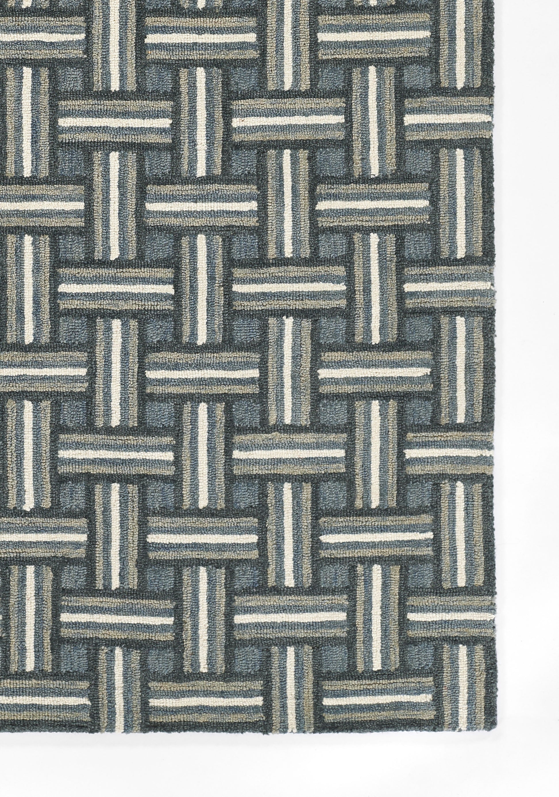 Blue-gray basketweave rug runner with interlaced stripes in a woven square pattern