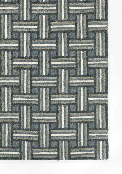 Blue-gray basketweave rug runner with interlaced stripes in a woven square pattern