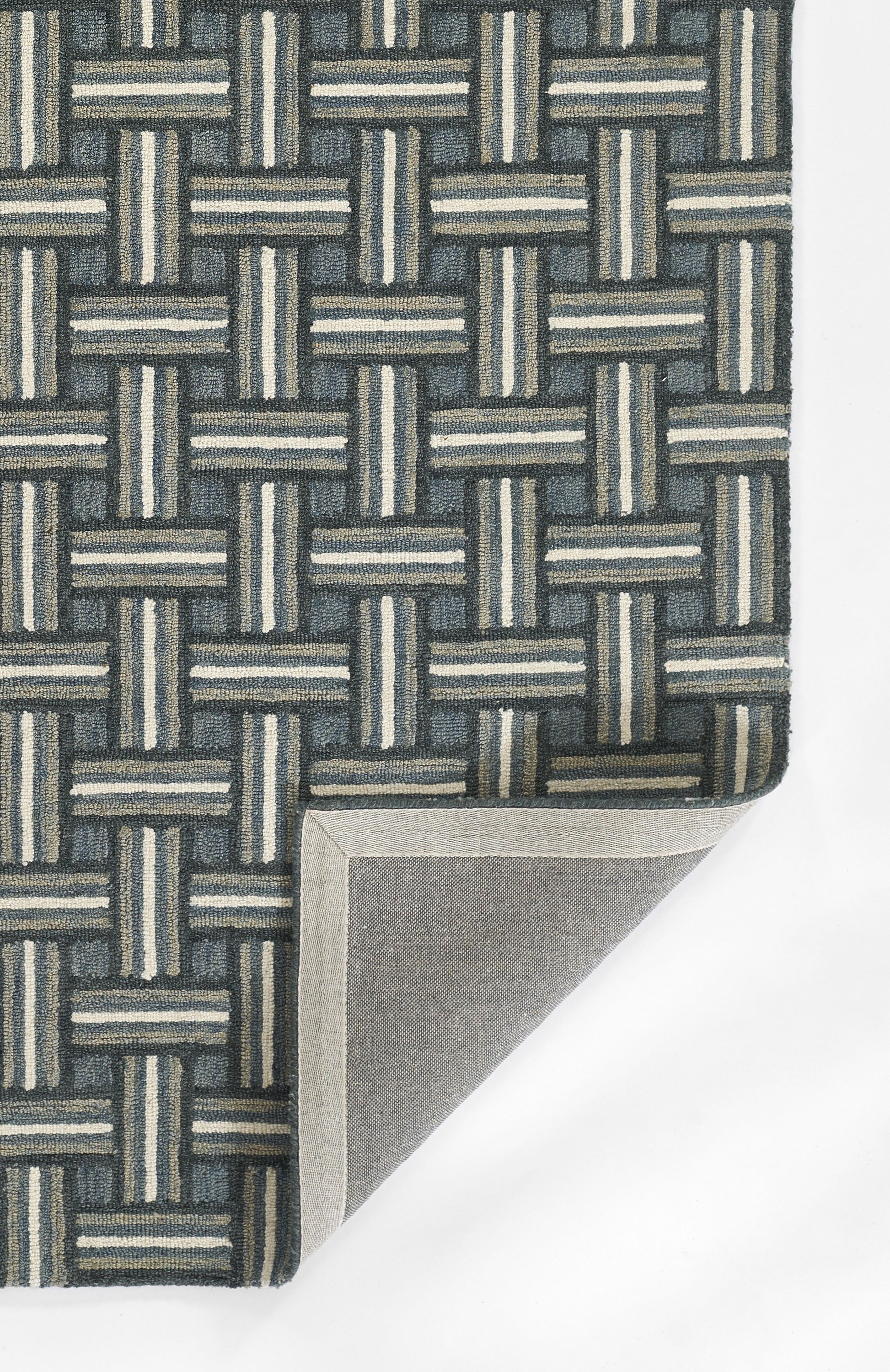 Blue-gray basketweave pattern faux wicker fabric; folded corner reveals gray backing.