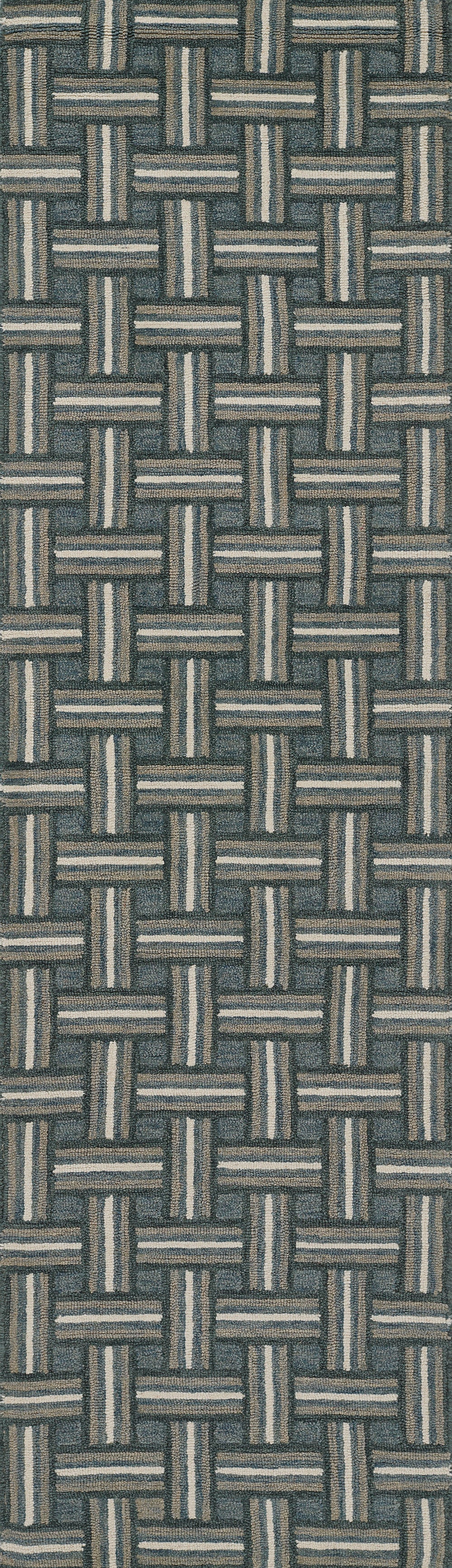 Blue-gray and tan basketweave rug runner with interlaced strips, 2'3" x 8'.