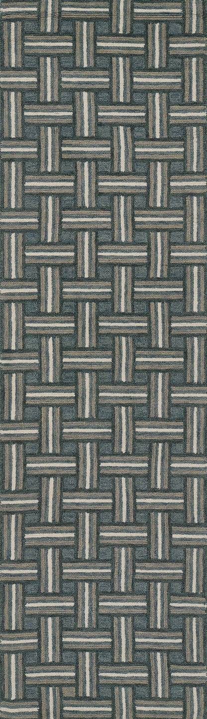 Blue-gray and tan basketweave rug runner with interlaced strips, 2'3" x 8'.